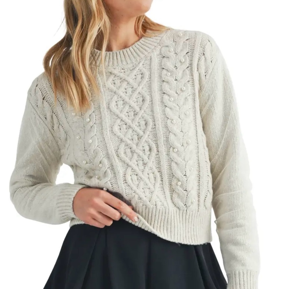 Nordstrom LUSH cream women’s crewneck knit faux pearl detail sweater size XL